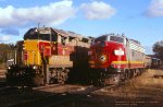 Algoma Central Railway, ACR FP9 1750 swaps power after issues with the F, with ex-ACR WC GP38-2 2002 on northbound number 1 train, at Hawk Junction, Ontario. September 23, 1995. 